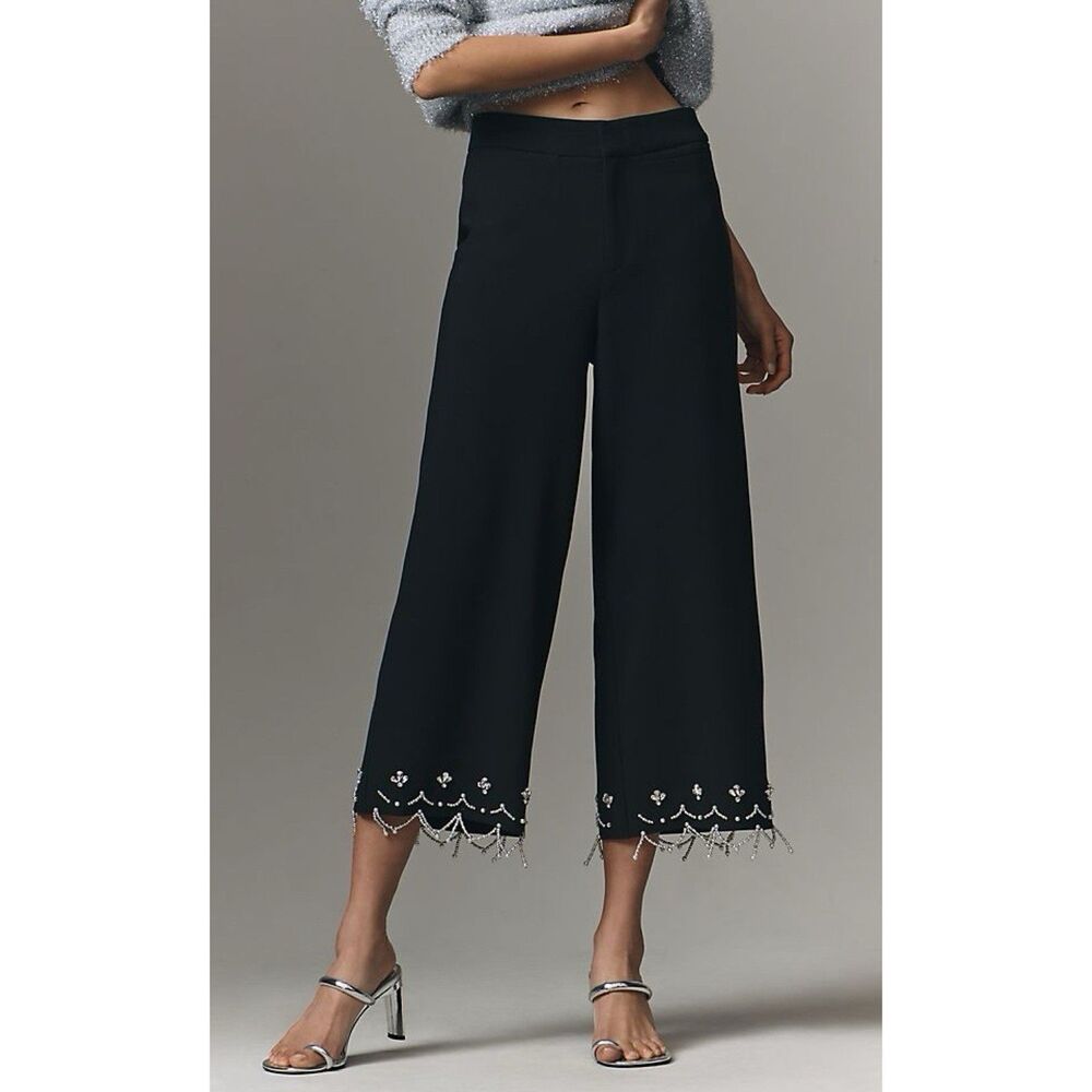 Anthropologie Crystal Crop Pants Black Womens Size 12 Wide Leg High Rise Trouser